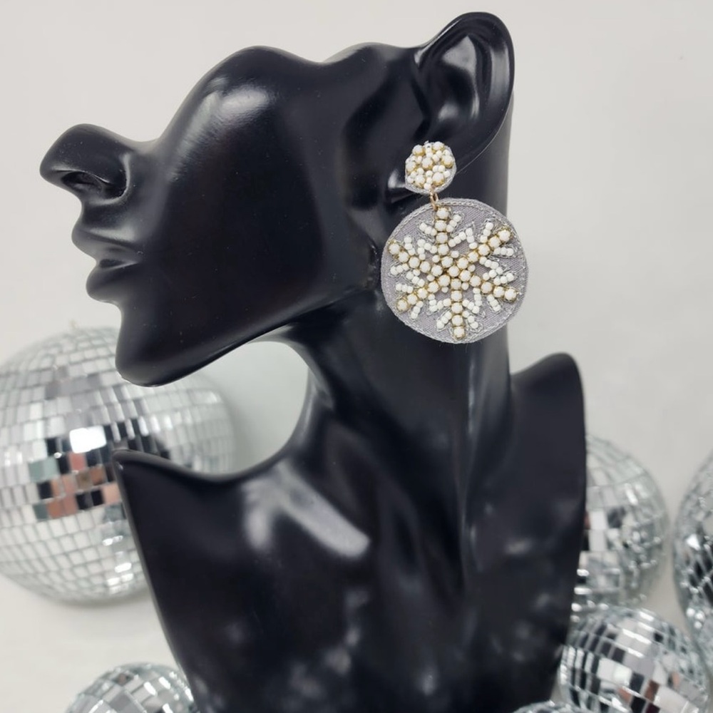 Influence Beaded Snowflake Earrings.  New in Package 1 1/2” Round
